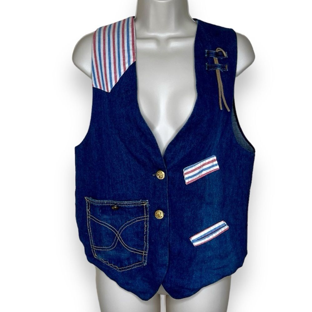 Vintage Handmade Blue Denim Western Two Button Vest Stripe Contrast Women Medium